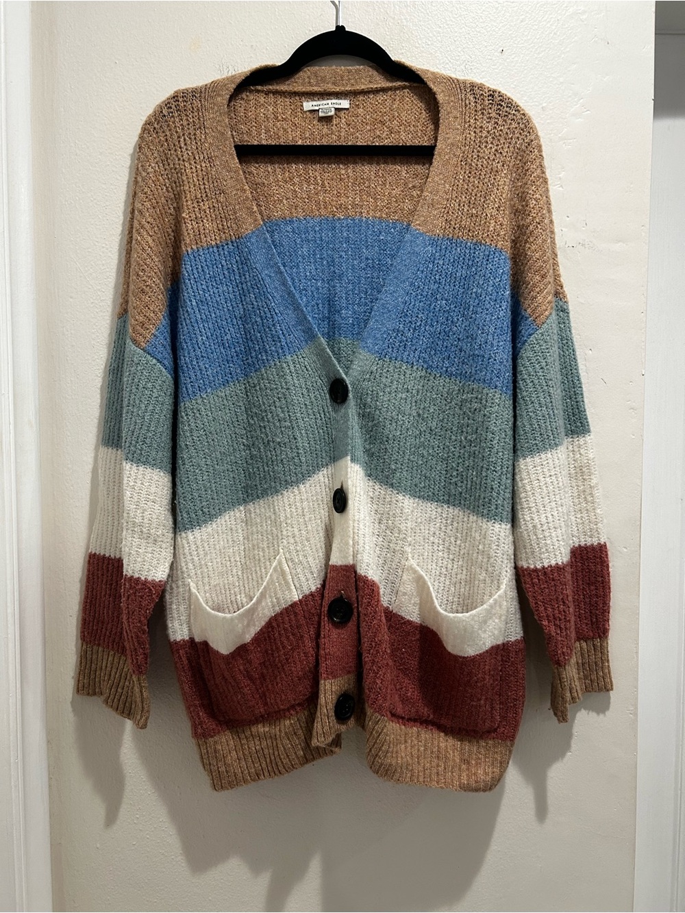 America Eagle  cozy Multi Stripe Button-Front Cardigan Sweater - Neutral & BlueX - Picture 2 of 7